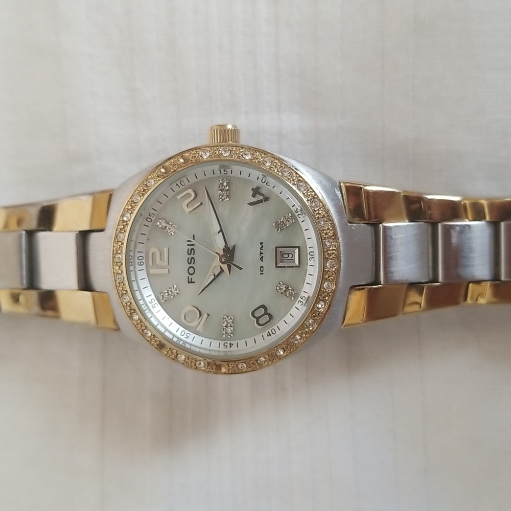 Fossil Gold Silver Mother Of Pearl Rhinestone Watch